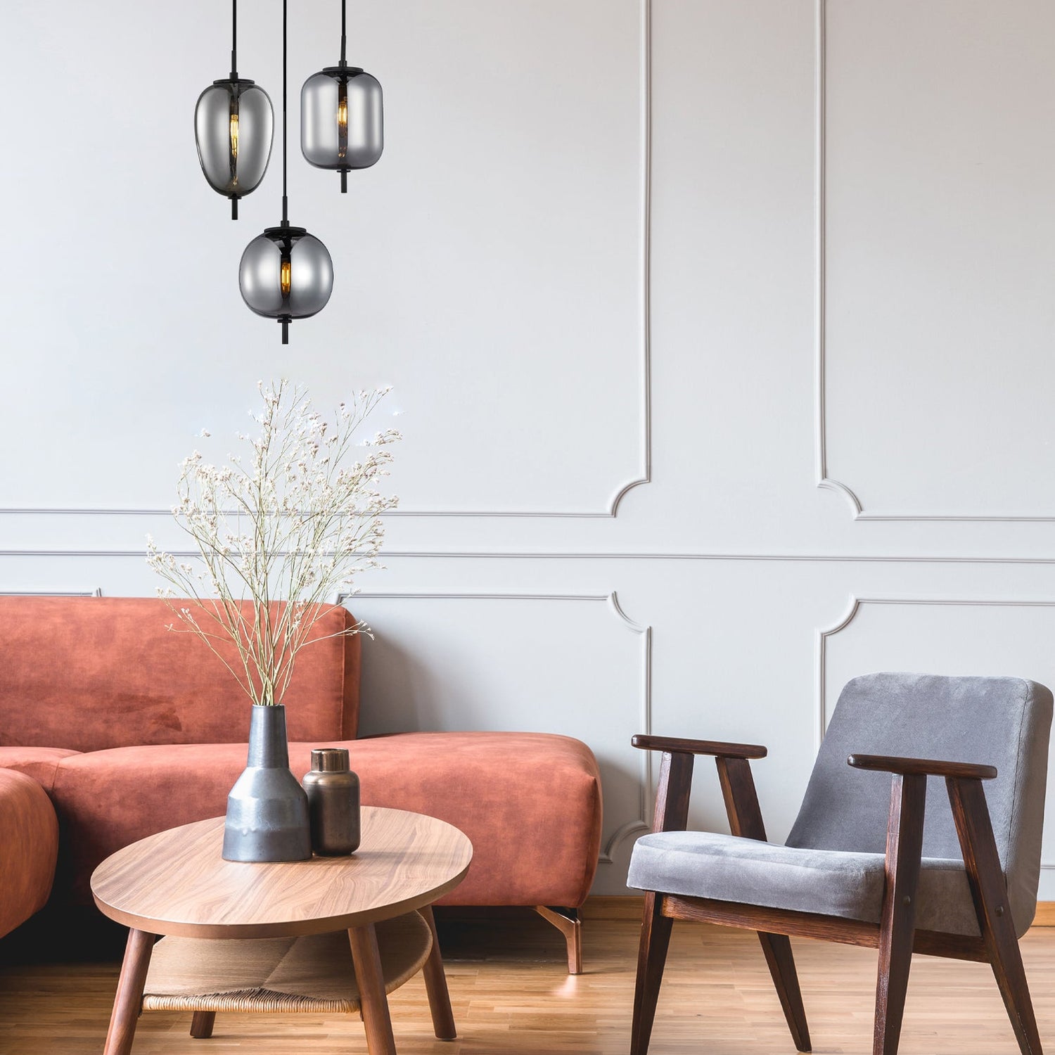 PINO: Interior Smokey Black Mirror Finish Glass Pendant Lights