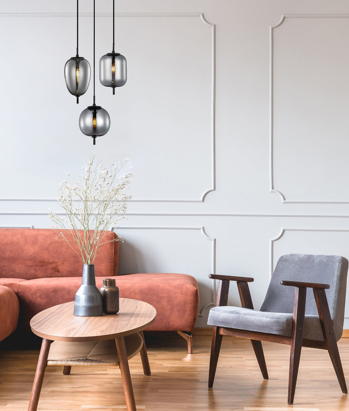PINO: Interior Smokey Black Mirror Finish Glass Pendant Lights