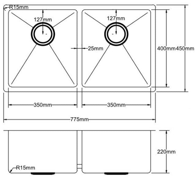 POS Double Bowl Handmade Stainless Steel Sink 775x450x200mm