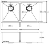 POS Double Bowl Handmade Stainless Steel Sink 775x450x200mm