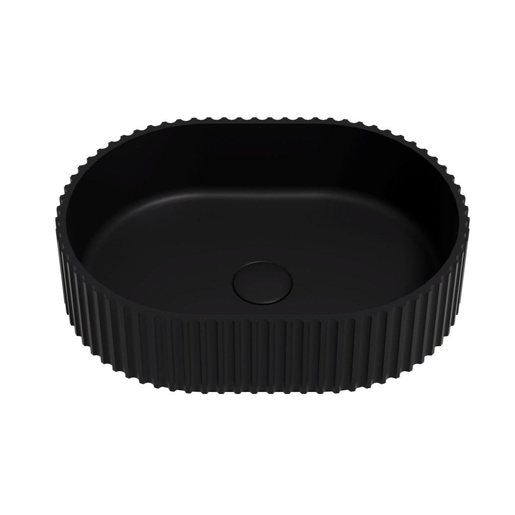 POSEIDON Ally Matte Black Fluted Solid Surface Stone Basin (Oval: 480x345x140mm)