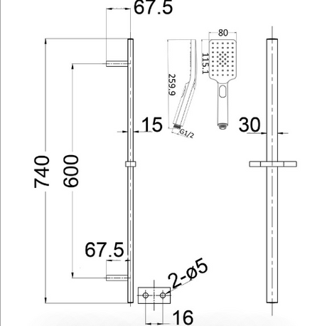 Eden Square Sliding Shower Set - Technical Drawing