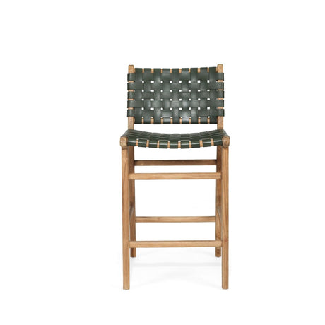 Paloma Leather Teak Counter Stool – Olive- Woven - 0.65m