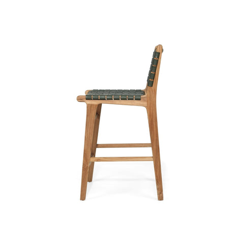 Paloma Leather Teak Counter Stool – Olive- Woven - 0.65m