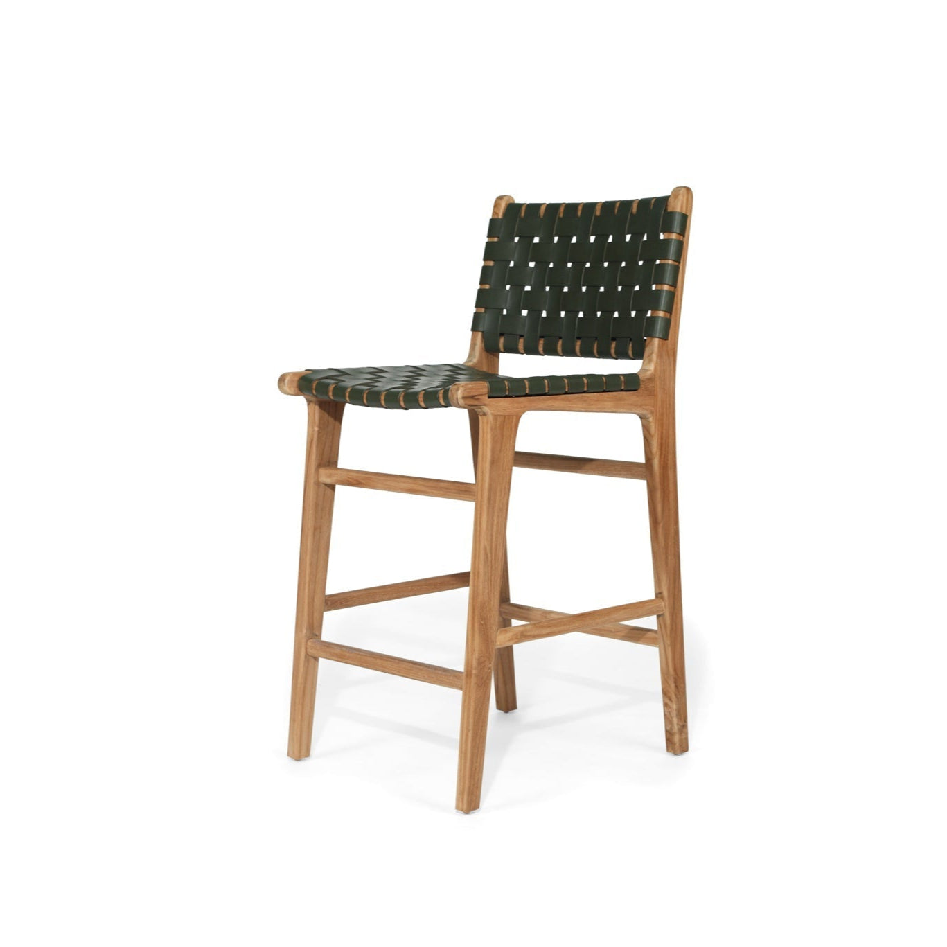 Paloma Leather Teak Counter Stool – Olive- Woven - 0.65m