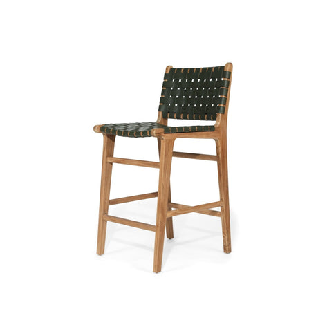Paloma Leather Teak Counter Stool – Olive- Woven - 0.65m