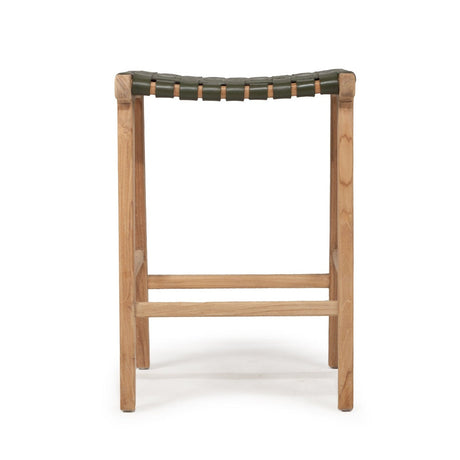 Paloma Leather Teak Saddle Stool – Olive – Woven - 0.66m