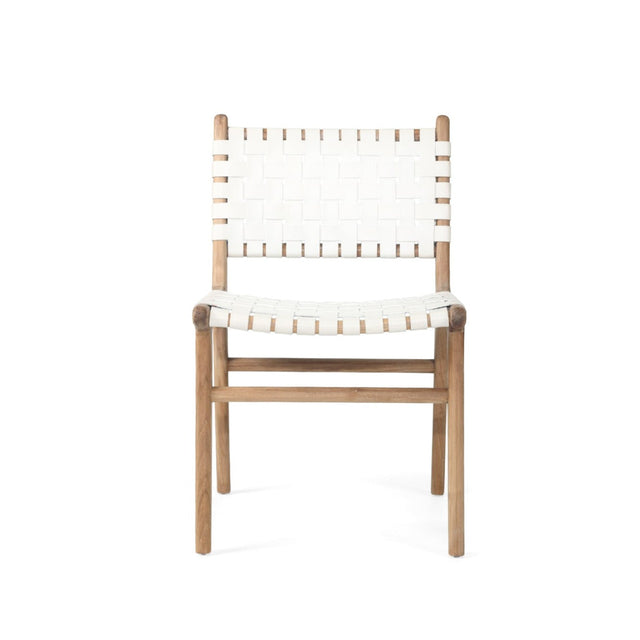 Paloma Woven Leather Side Teak Chair - White