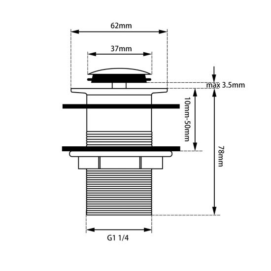 Pop Up Waste With Non Overflow - Brushed Gun Metal Technical Drawing