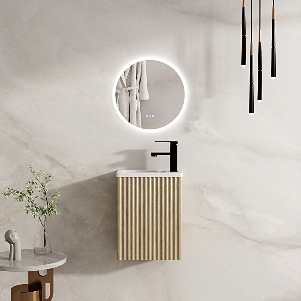 Fluted Rhea Mini Wall-Hung Vanity - Natural Oak (Included Gloss White Basin) (400mm)
