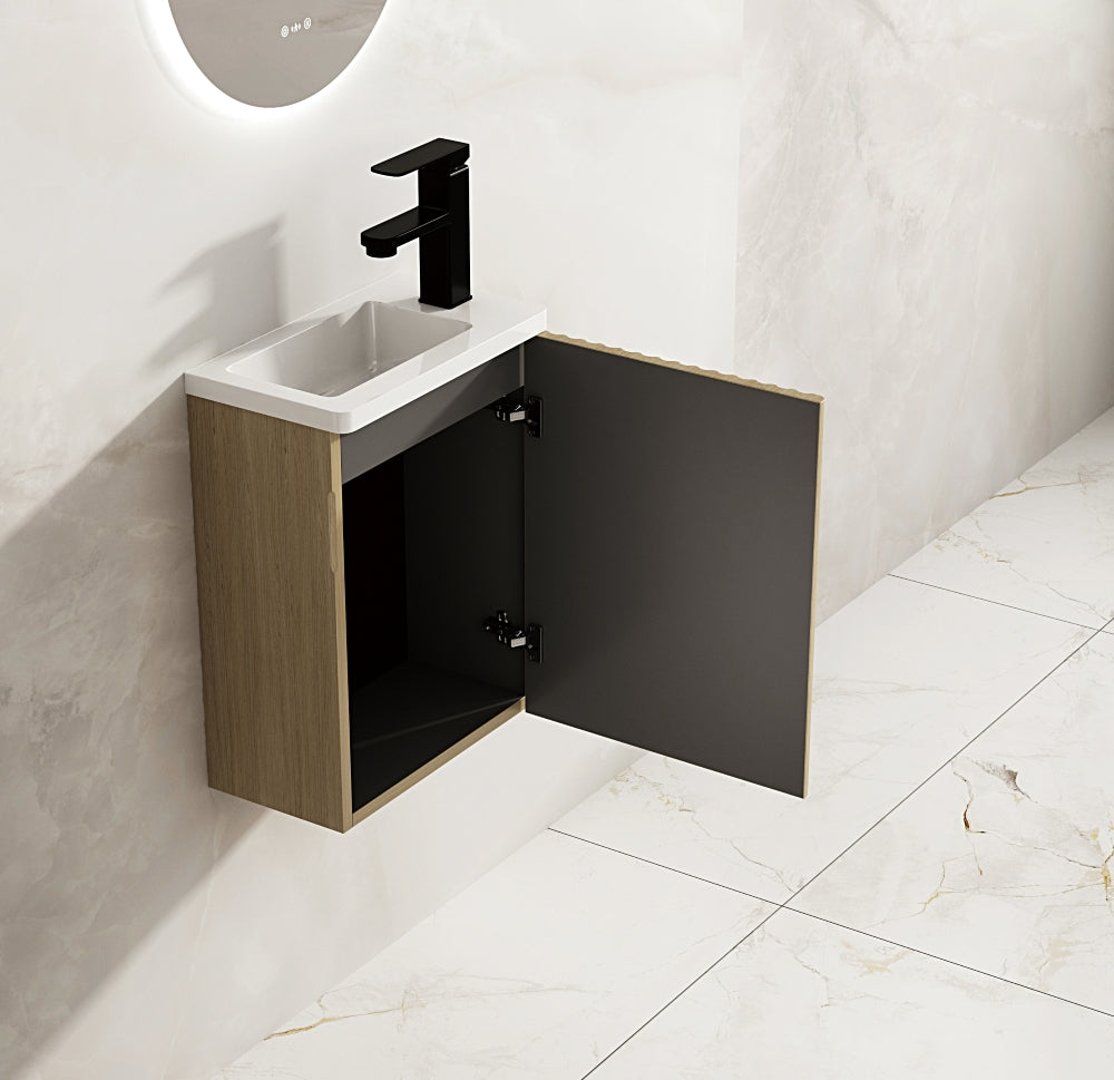 Fluted Rhea Mini Wall-Hung Vanity - Natural Oak (Included Gloss White Basin) (400mm)