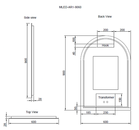 RIVA AR1 LED Arch Frameless Mirror 800/900mm