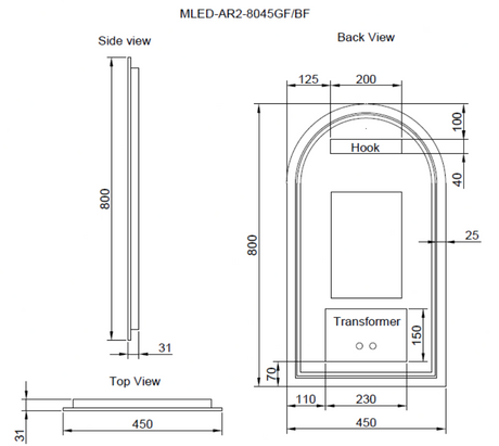 RIVA AR2 LED Arch Frame Mirror 800/900mm Brushed Nickel
