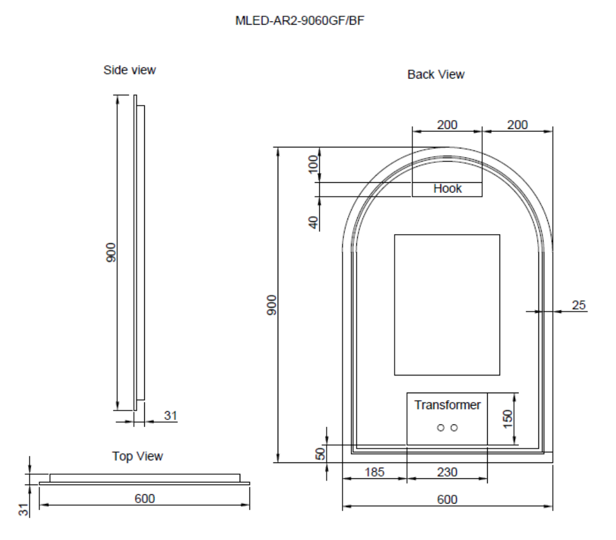 RIVA AR2 LED Arch Frame Mirror 800/900mm Brushed Nickel