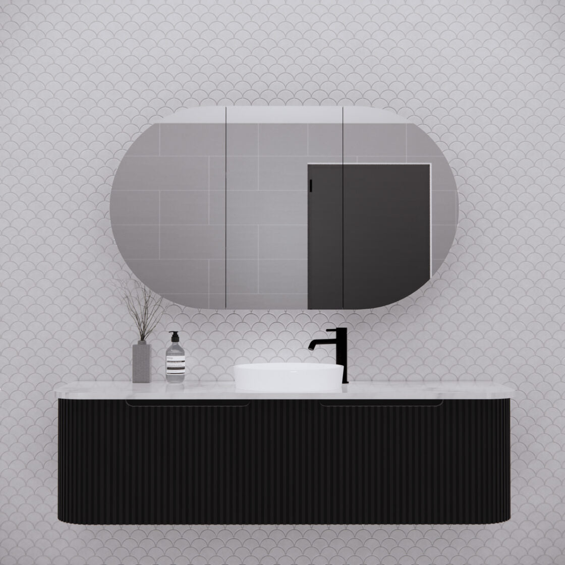RIVA LONDON Matte Black Oval Shaving Cabinet 1200mm-1