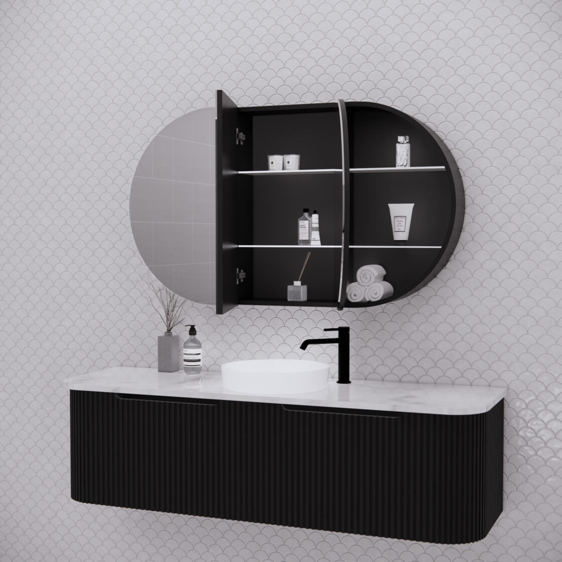 RIVA LONDON Matte Black Oval Shaving Cabinet 1200mm-2