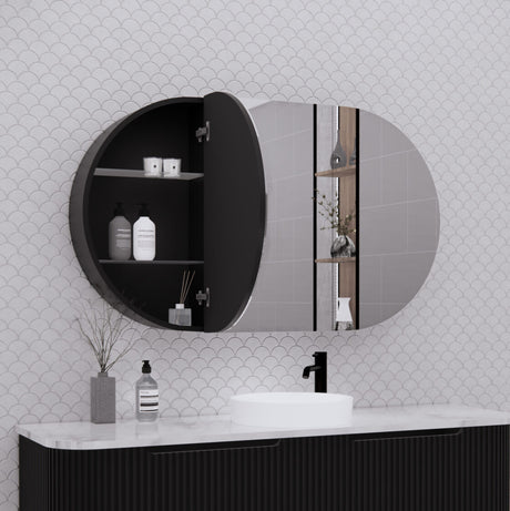 RIVA LONDON Matte Black Oval Shaving Cabinet 1200mm-3