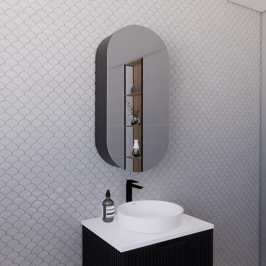 RIVA LONDON Matte Black Oval Shaving Cabinet 450mm