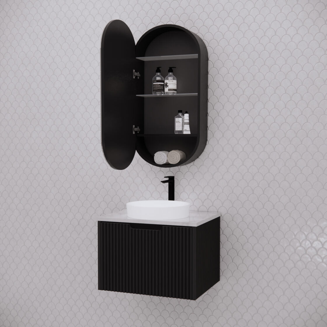 RIVA LONDON Matte Black Oval Shaving Cabinet 450mm