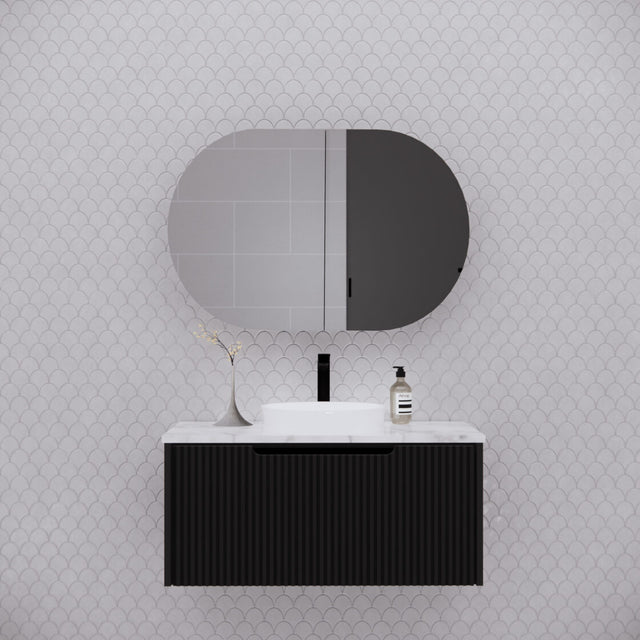 RIVA LONDON Matte Black Oval Shaving Cabinet 870mm-1