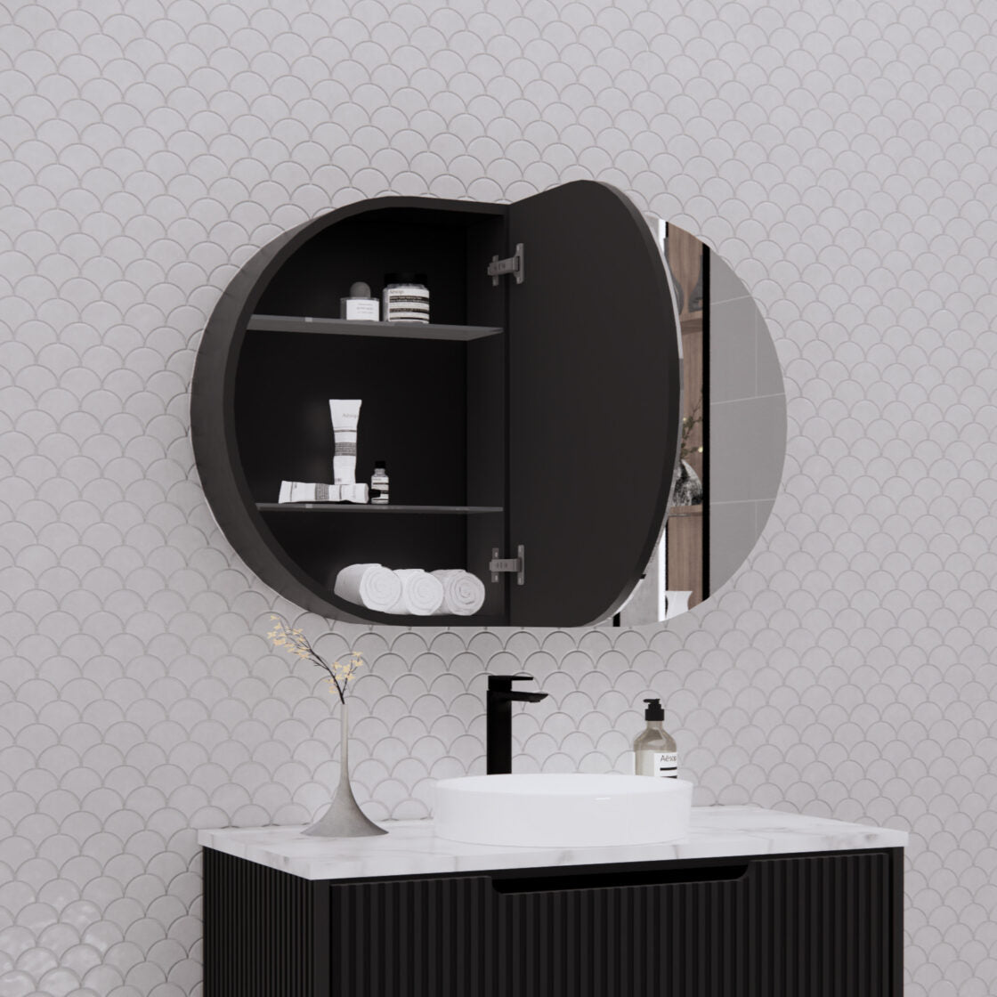 RIVA LONDON Matte Black Oval Shaving Cabinet 870mm-3
