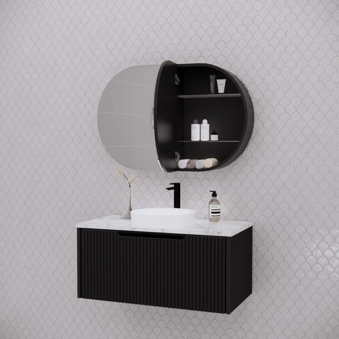 RIVA LONDON Matte Black Oval Shaving Cabinet 870mm-4