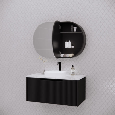 RIVA LONDON Matte Black Oval Shaving Cabinet 870mm-4
