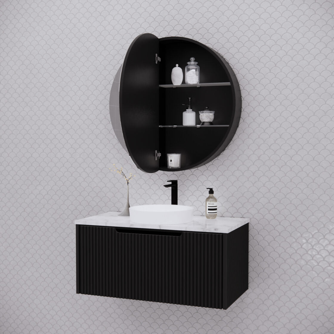 RIVA LONDON Matte Black Round Shaving Cabinet 800mm