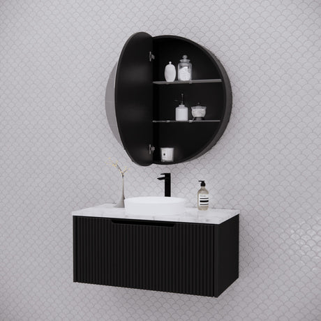 RIVA LONDON Matte Black Round Shaving Cabinet 800mm