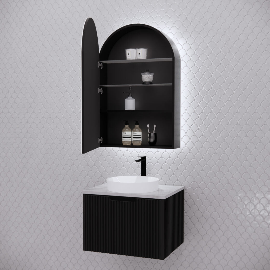 RIVA PARIS Matte Black ARCH LED Shaving Cabinet 605mm