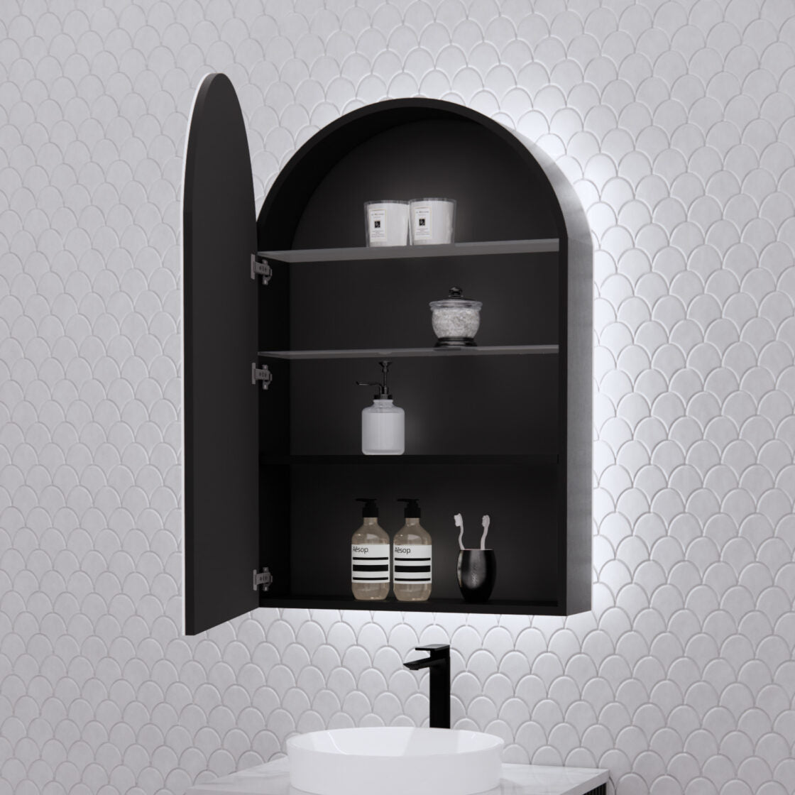 RIVA PARIS Matte Black ARCH LED Shaving Cabinet 605mm