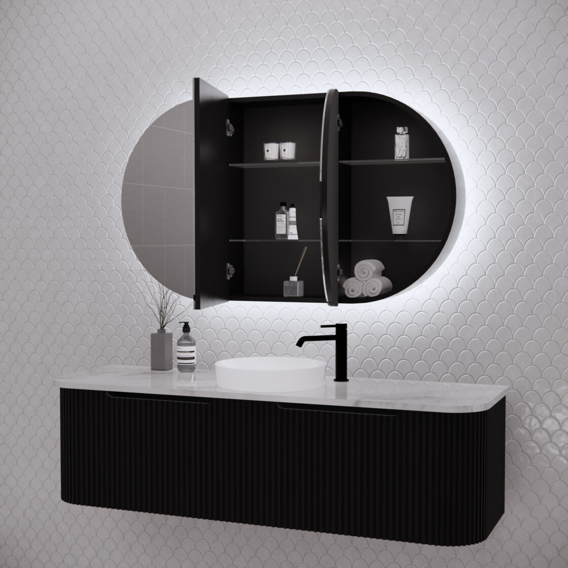 RIVA PARIS Matte Black Oval LED Shaving Cabinet 1200mm