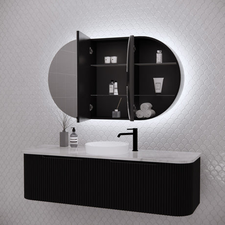 RIVA PARIS Matte Black Oval LED Shaving Cabinet 1200mm