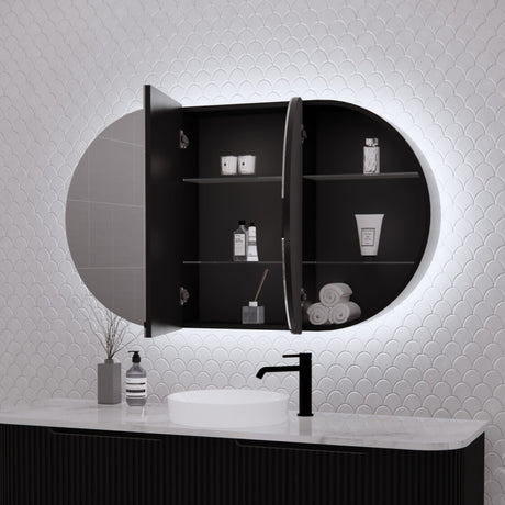 RIVA PARIS Matte Black Oval LED Shaving Cabinet 1200mm