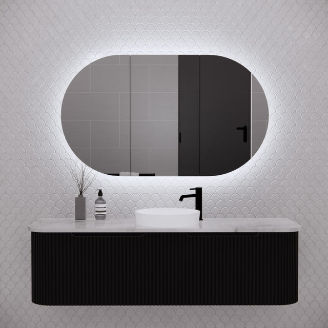 RIVA PARIS Matte Black Oval LED Shaving Cabinet 1200mm