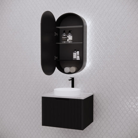 RIVA PARIS Matte Black Oval LED Shaving Cabinet 450mm