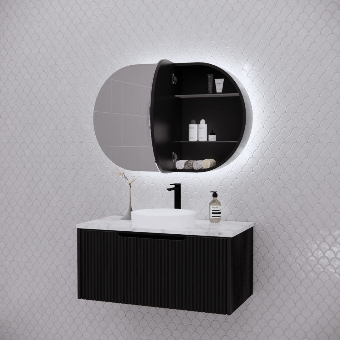 RIVA PARIS Matte Black Oval LED Shaving Cabinet 870mm
