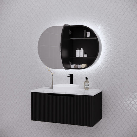 RIVA PARIS Matte Black Oval LED Shaving Cabinet 870mm