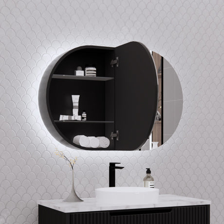 RIVA PARIS Matte Black Oval LED Shaving Cabinet 870mm