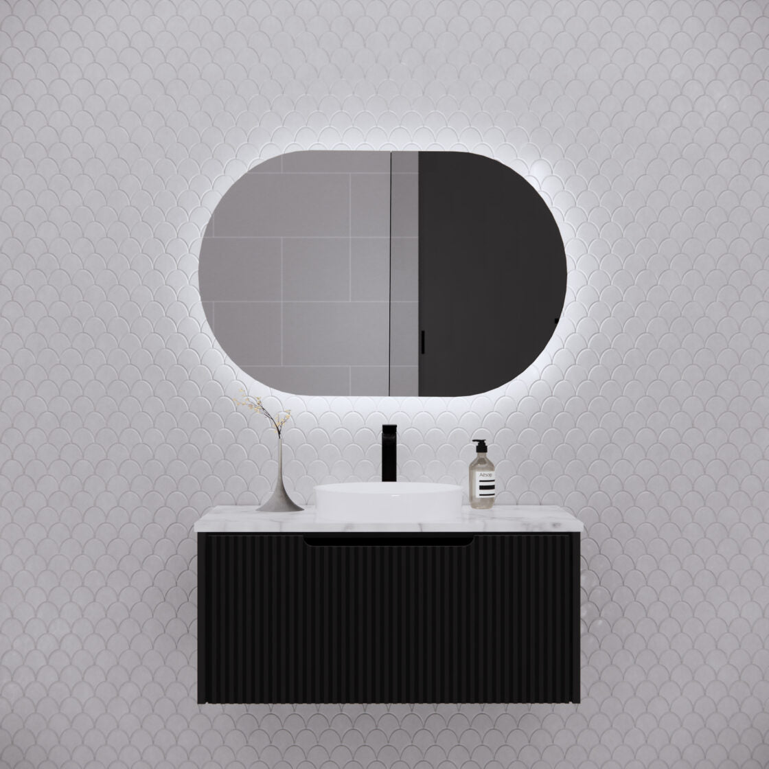 RIVA PARIS Matte Black Oval LED Shaving Cabinet 870mm