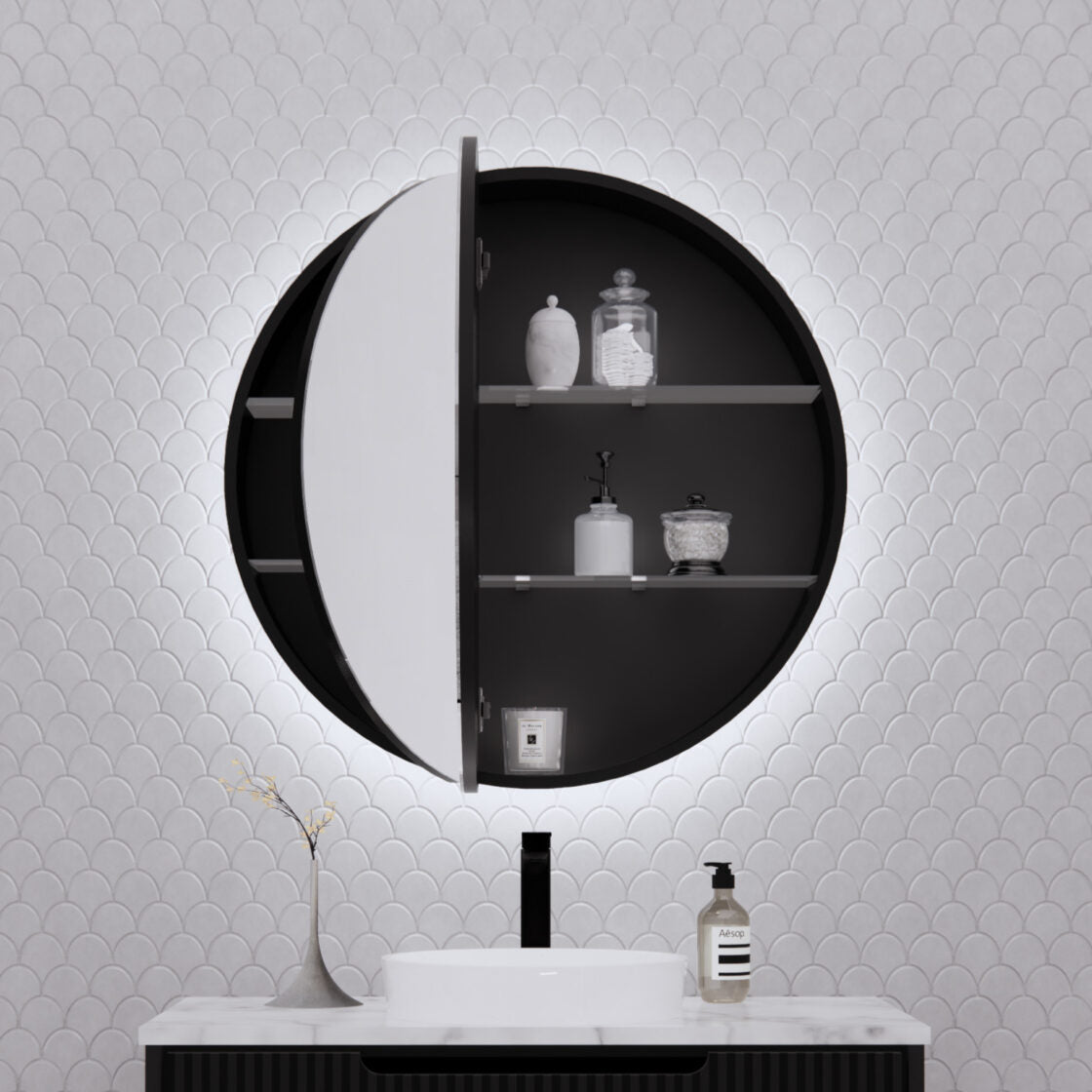 RIVA PARIS Matte Black Round LED Shaving Cabinet 800mm