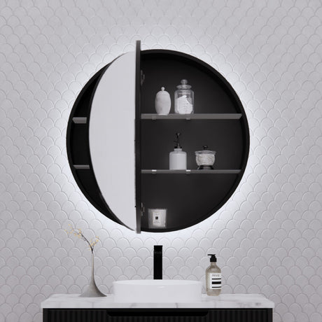 RIVA PARIS Matte Black Round LED Shaving Cabinet 800mm