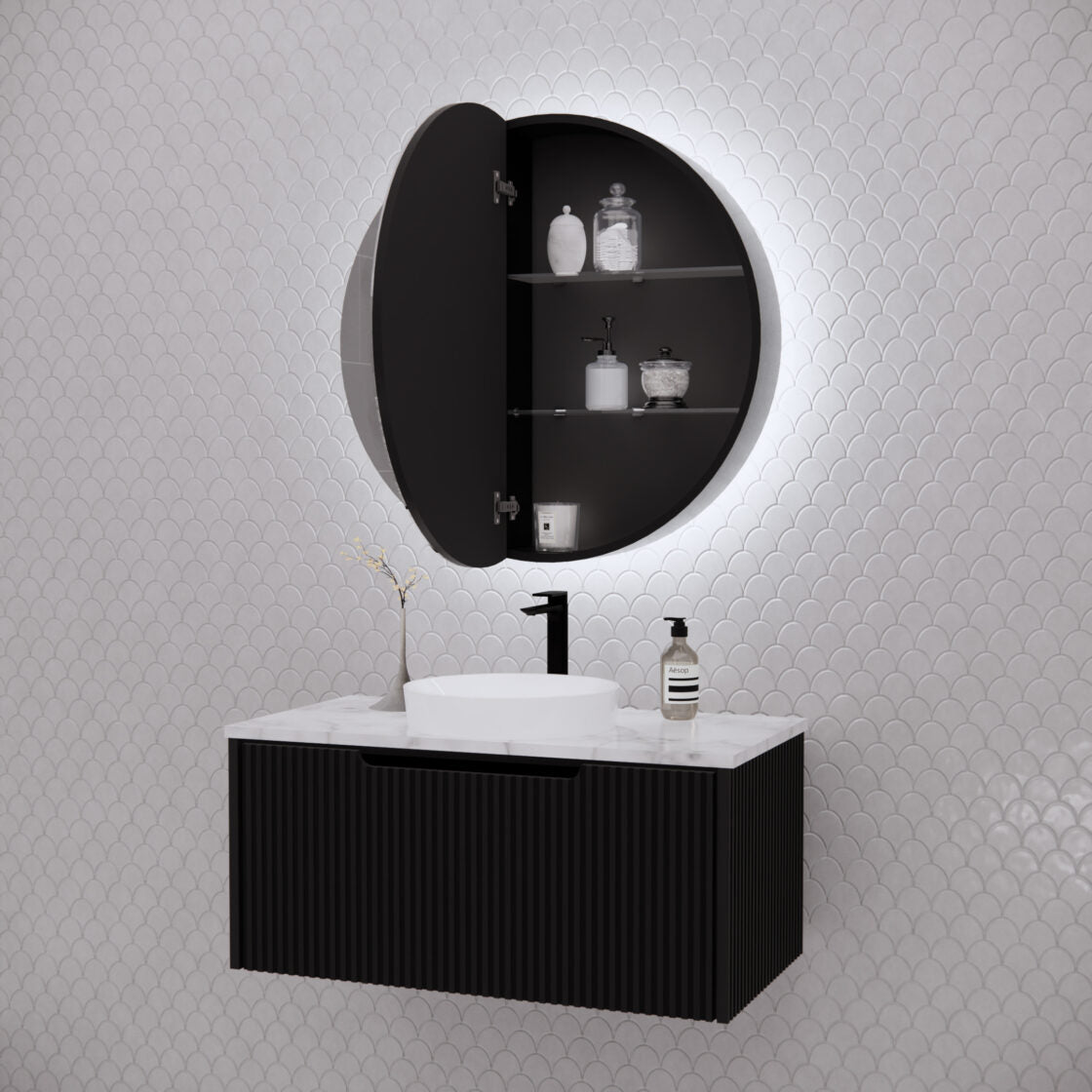 RIVA PARIS Matte Black Round LED Shaving Cabinet 800mm