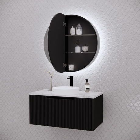 RIVA PARIS Matte Black Round LED Shaving Cabinet 800mm