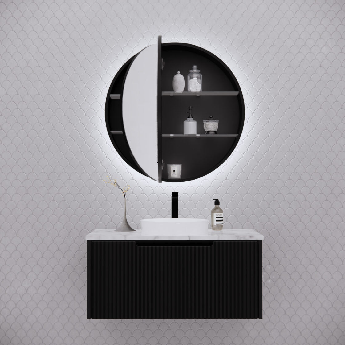 RIVA PARIS Matte Black Round LED Shaving Cabinet 800mm