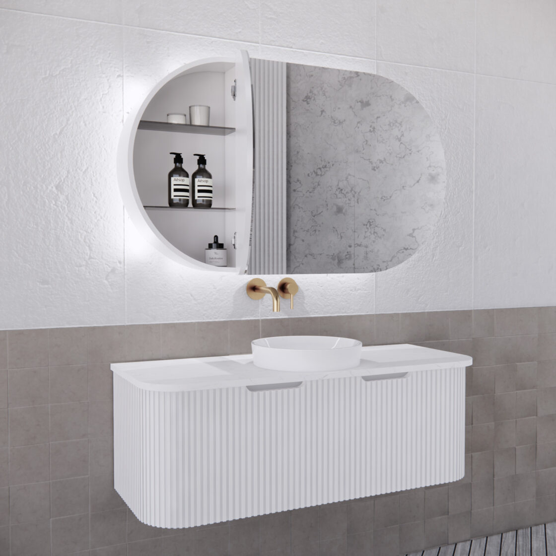 RIVA PARIS Matte White Oval LED Shaving Cabinet 1200mm