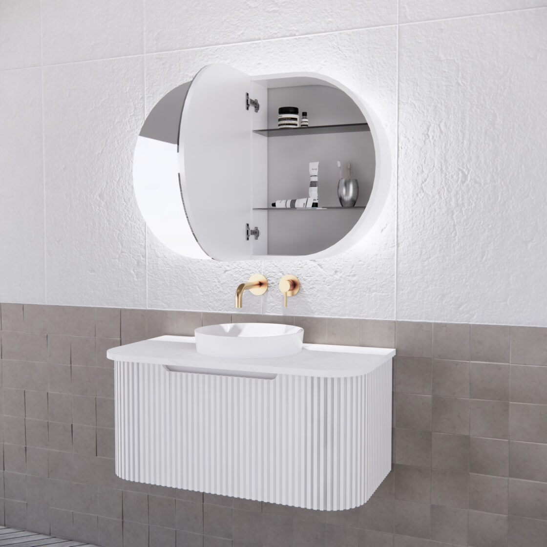 RIVA PARIS Matte White Oval LED Shaving Cabinet 870mm