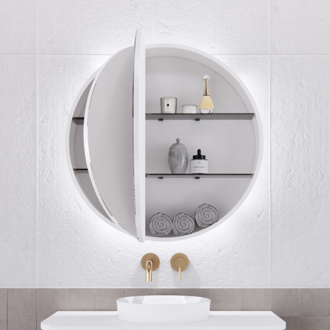 RIVA PARIS Matte White Round LED Shaving Cabinet 800mm