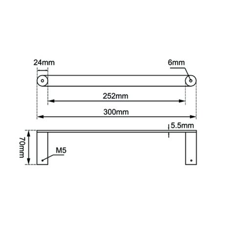 RUSHY Towel Bar 300mm - Black & Chrome Technical Drawing