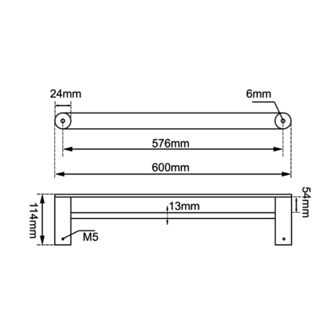 RUSHY Double Towel Rail 600mm - Black & Chrome Technical Drawing